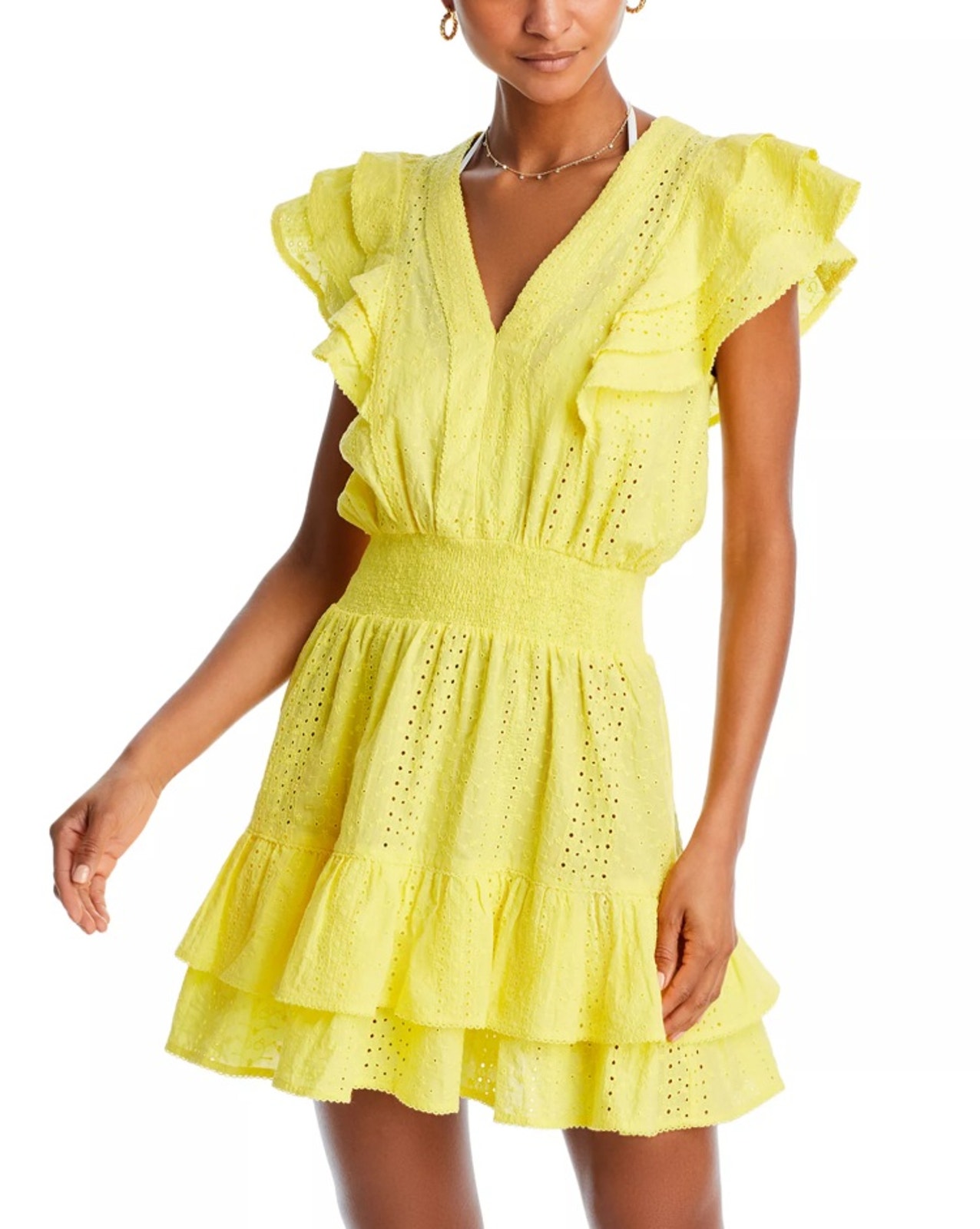 Poupette St. Barth Women Yellow Eyelet Cotton Camila Cover Up Mini Dress Size L